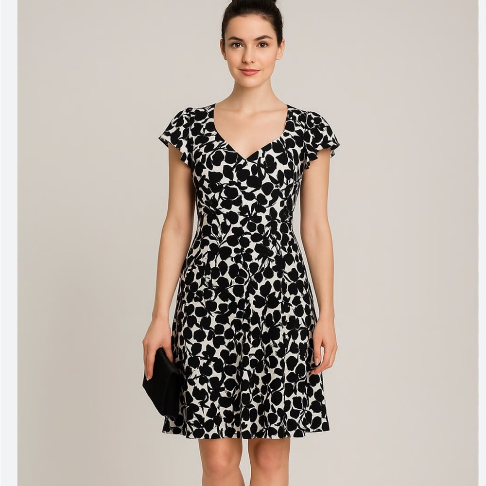 Nanette Lepore | Black and White Floral Print Flutter Sleeve Dress Size 2